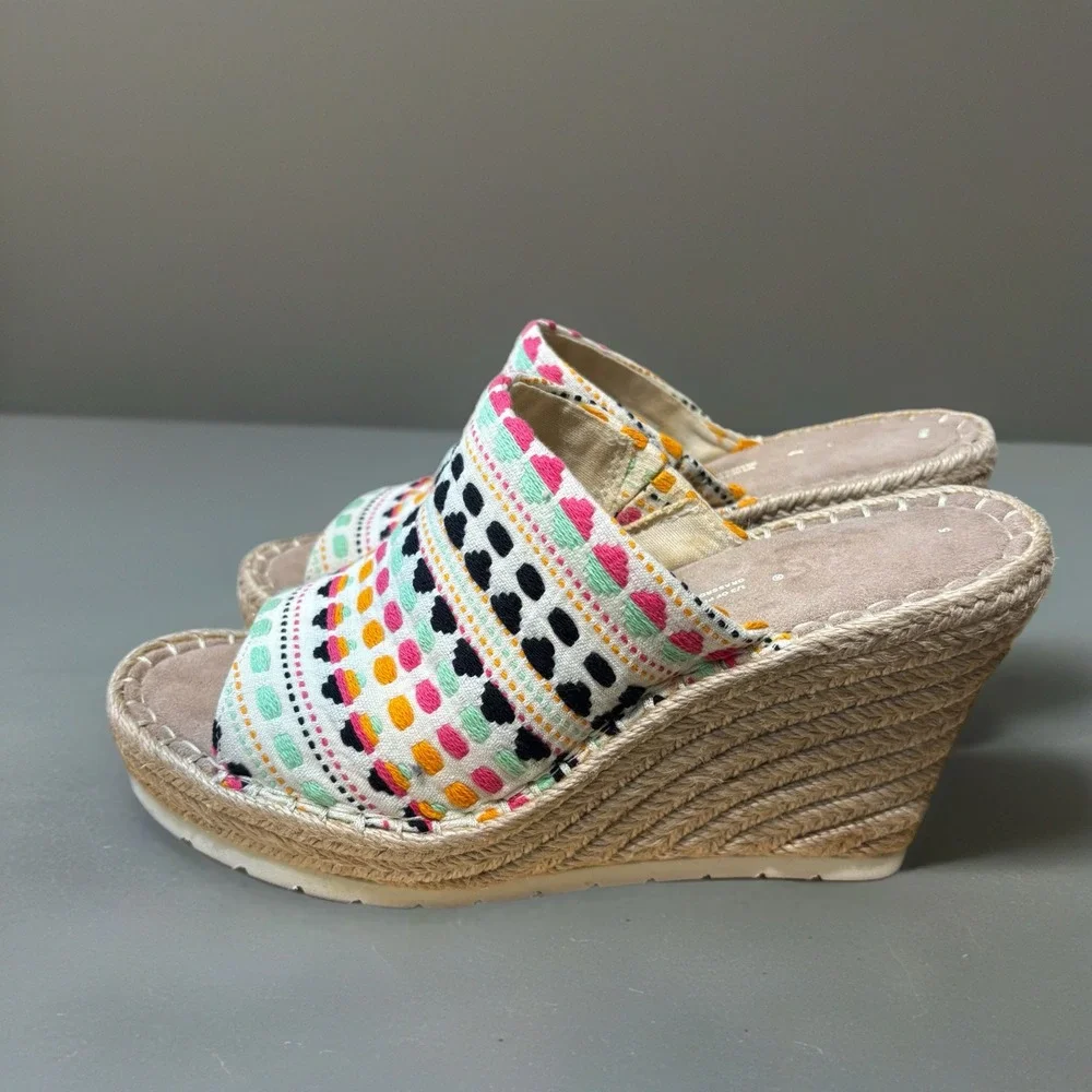 TOMS Monica Wedge Sandals Women 6.5 Multi Color Embroidered Espadrille